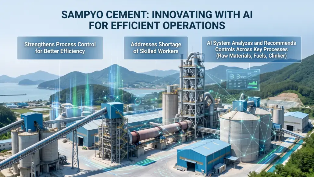 Industrial cement plant with blue AI overlays illustrating efficiency and automation benefits: stronger process control, skilled-work shortages, and AI system analysis.