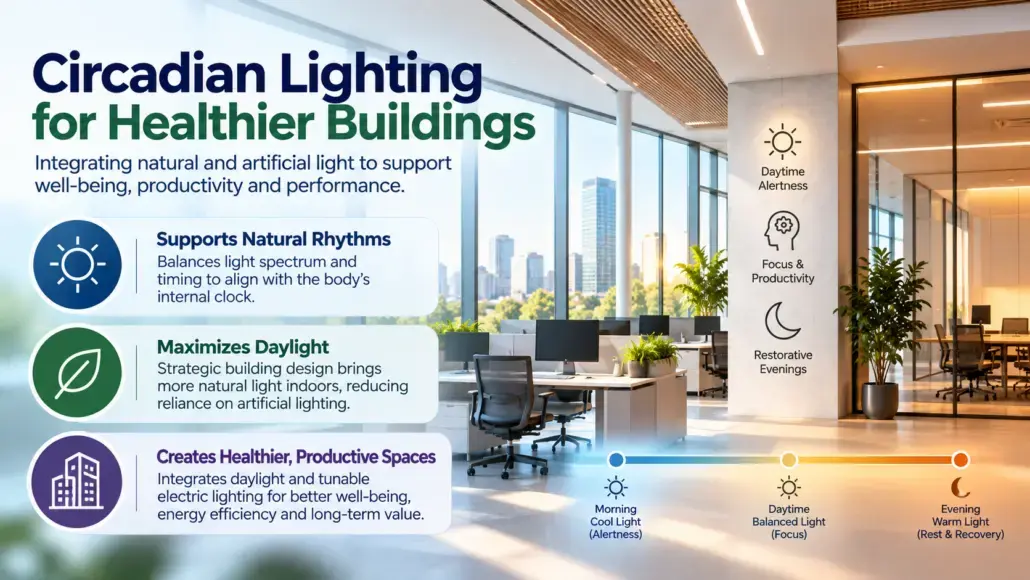 Infographic in an office showing circadian lighting: three benefits—natural rhythms, daylight, healthier spaces—over a modern workspace.