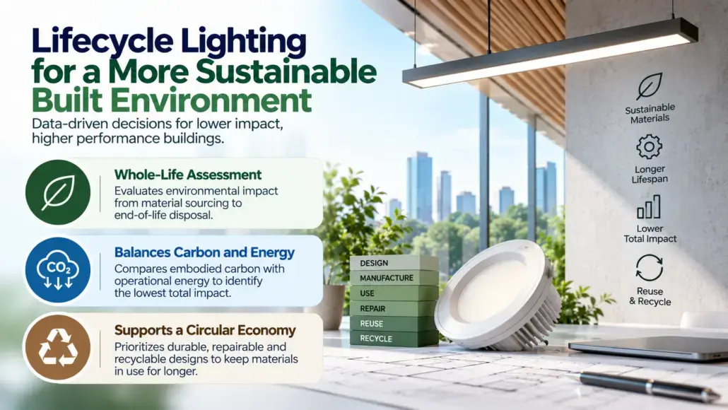 Infographic about lifecycle lighting for a more sustainable built environment, with three sections—Whole-Life Assessment, Balances Carbon and Energy, and Supports a Circular Economy—and right-side icons for Sustainable Materials, Longer Lifespan, Lower Total Impact, Reuse & Recycle.