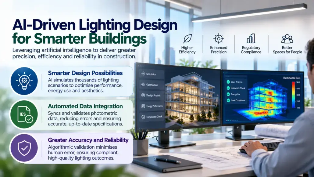Banner promoting AI-driven lighting design for smarter buildings with three key benefits: smarter design, automated data integration, and greater accuracy and reliability.