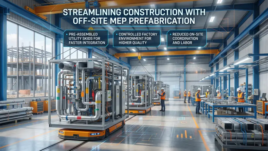 Factory floor with automated MEP prefabrication units and workers in safety vests; banner reads 'Streamlining Construction with Off-Site MEP Prefabrication'