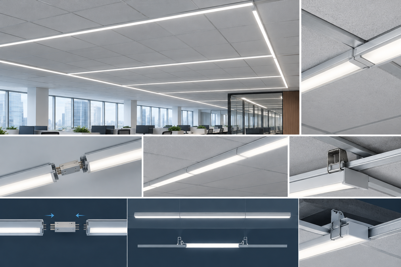 Technical Infographic: Linear Luminaire Systems Modularity in Office Ceilings