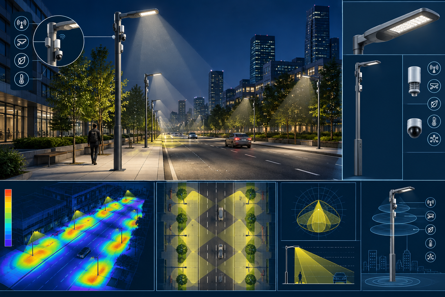 Technical Infographic: Urban Streetscape Lighting and Pole Mechanics