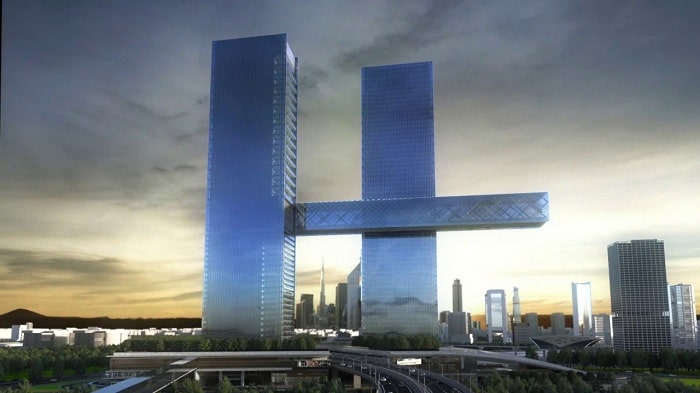 Dubai twin tower scheme with worlds largest cantilever praised for 4D modeling